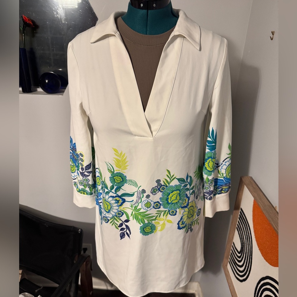 Zara White Floral Tunic with Green and Blue Accents
